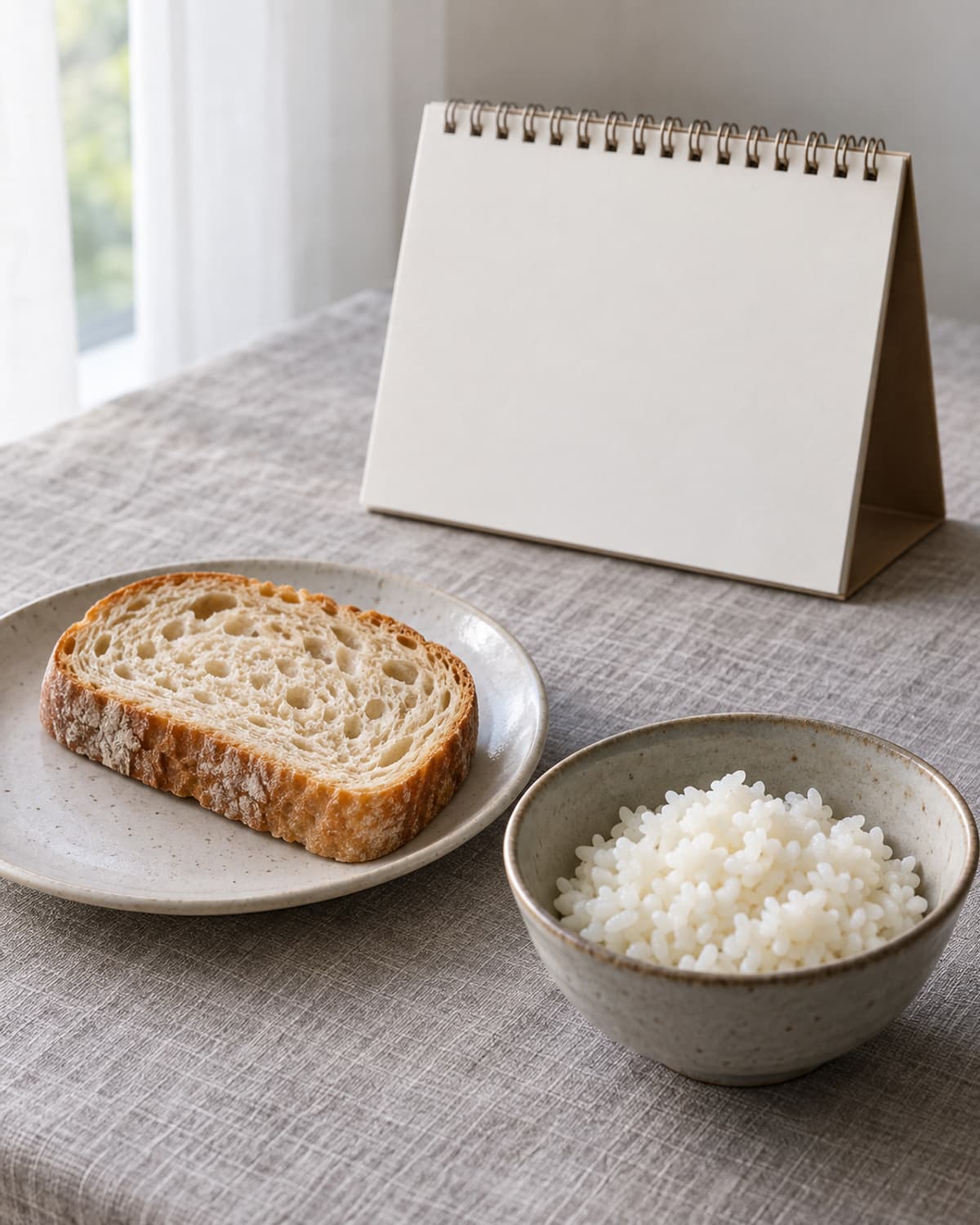 빵과 밥 옆에 놓인 빈 달력