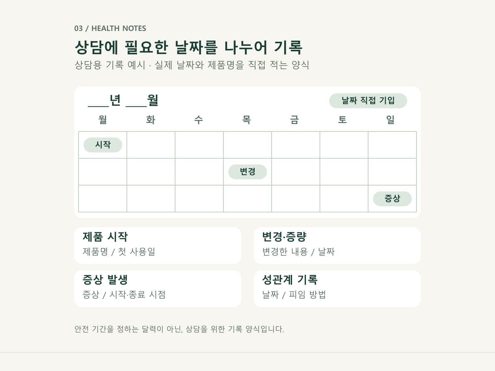 약물과 영양제 시작일 및 증상일을 정리하는 상담 기록
