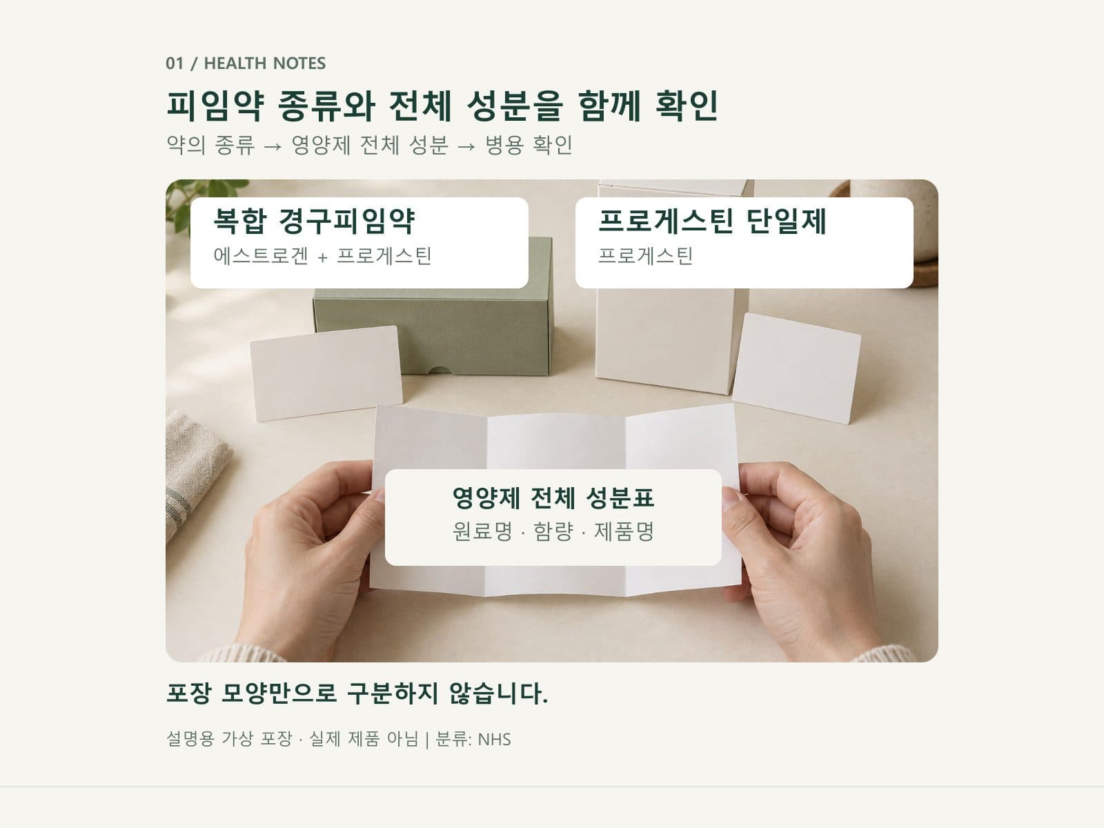 피임약 성분과 영양제 전체 성분표를 나란히 확인하는 구성