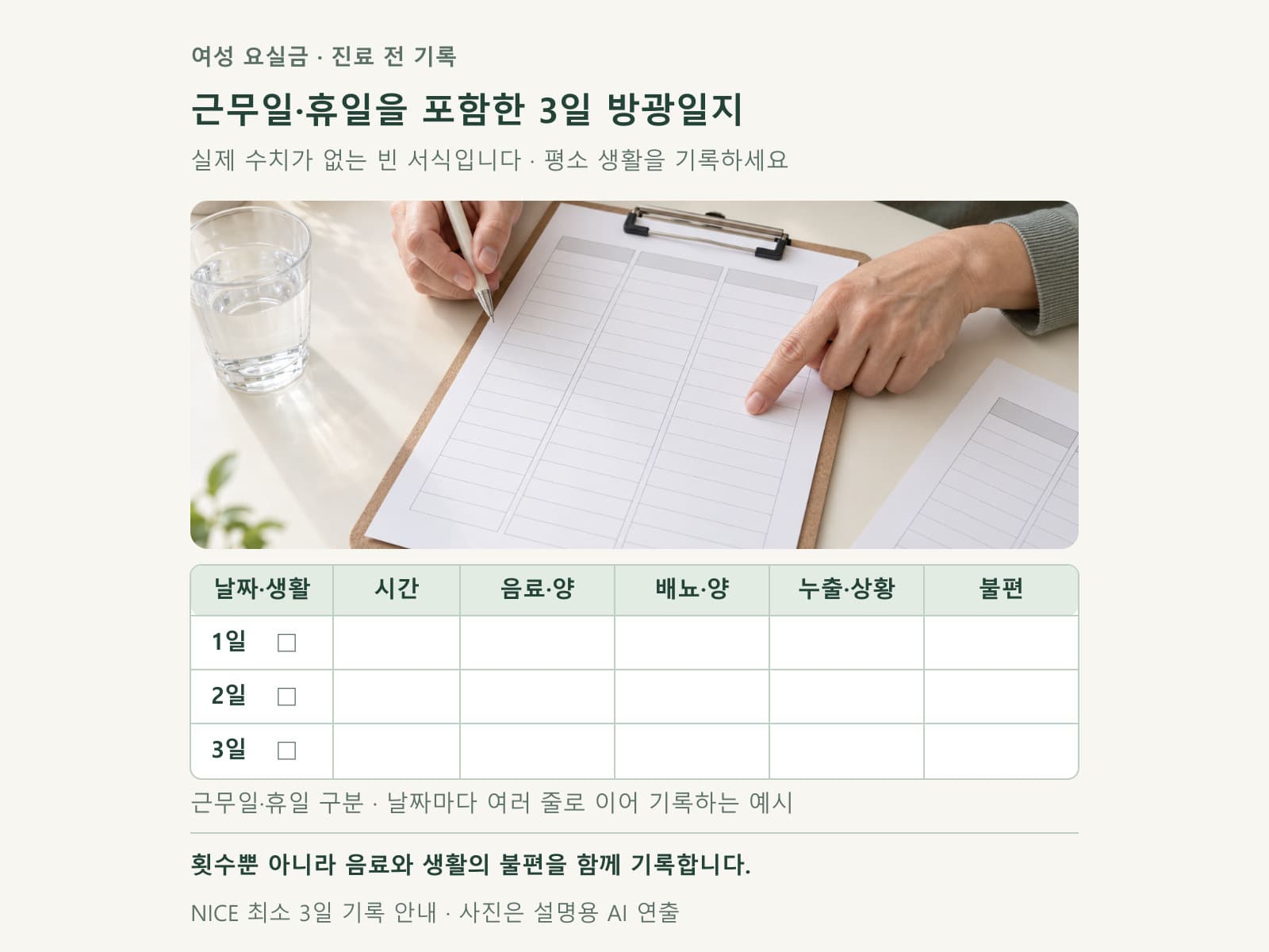 3일 방광일지의 음료와 배뇨 및 불편 항목을 정리한 서식