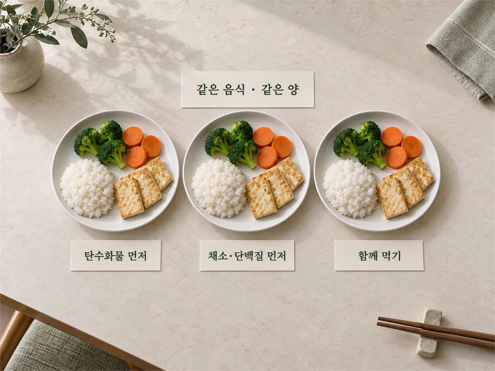 채소-단백질-탄수화물 순서로 차려진 식사와 다른 순서를 비교한 사진