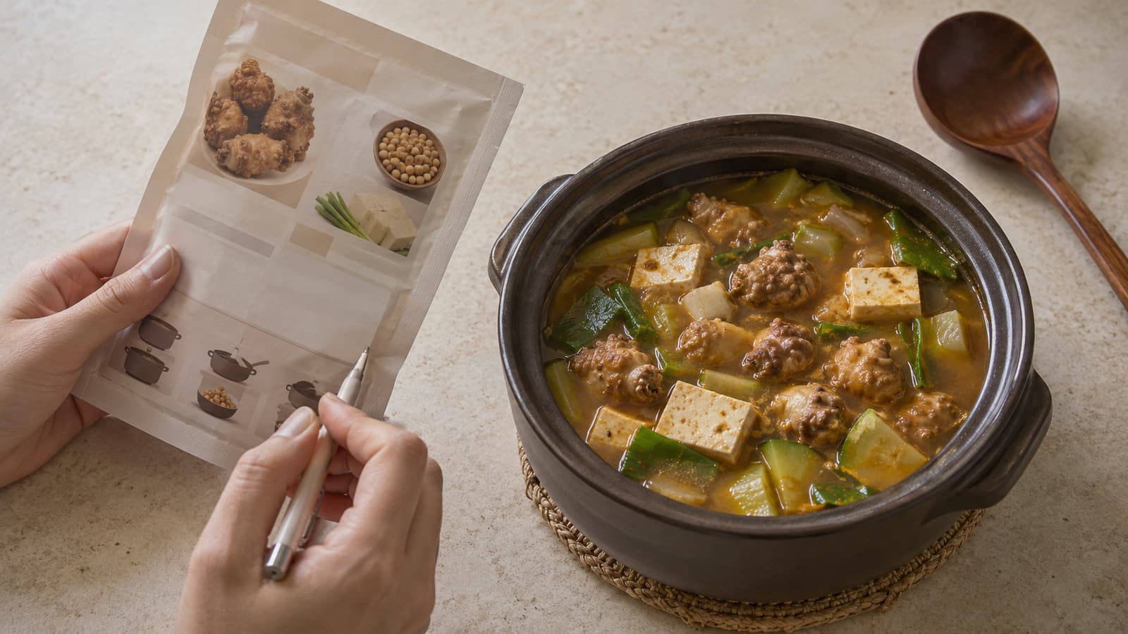 완성찌개옆의포장정보면을보는손