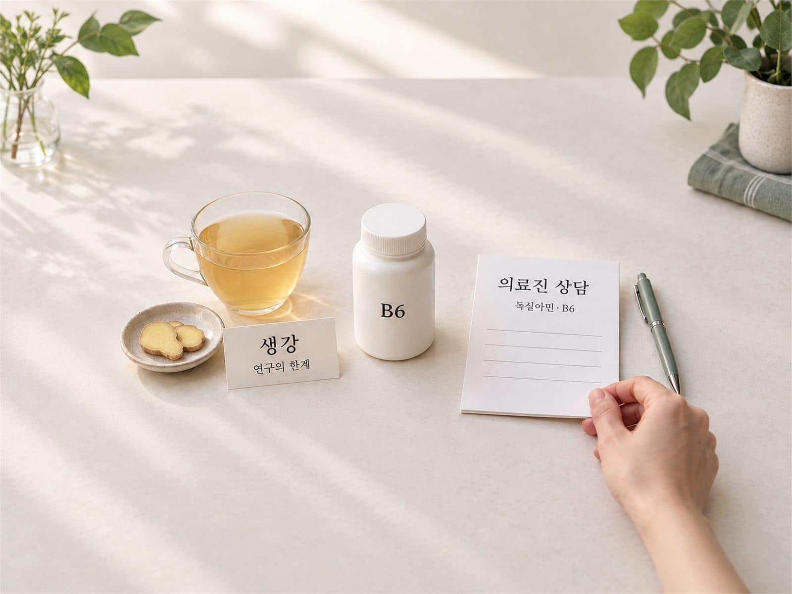 생강차, 생강캔디, 비타민 B6 보충제를 함께 놓은 사진