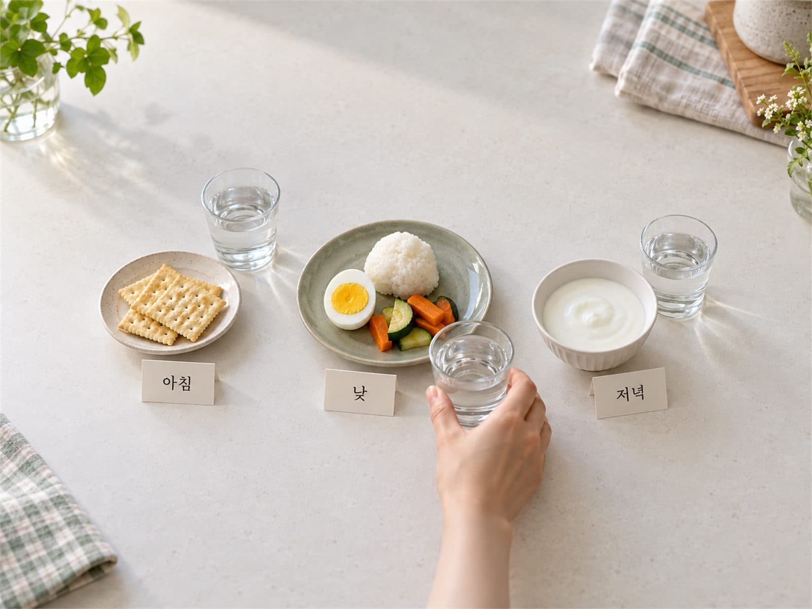 크래커, 토스트 등 소량의 담백한 간식을 여러 번 나눠 먹는 모습