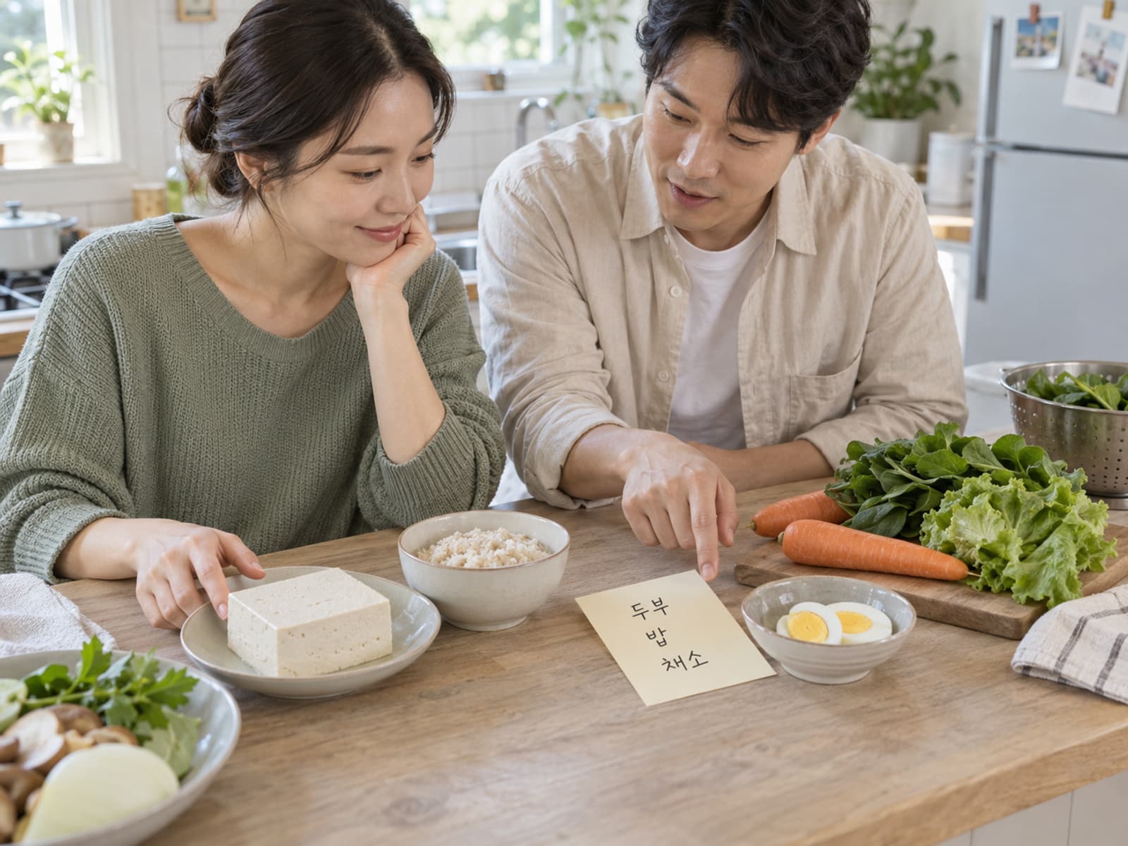 두부와 채소를 앞에 놓고 저녁 메뉴를 의논하는 두 사람