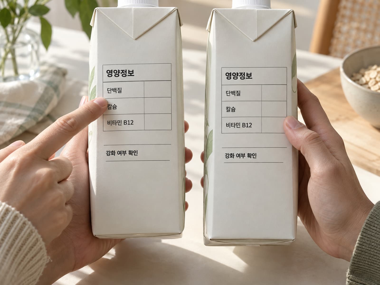 식물성 음료 뒷면의 영양정보를 확인하는 손