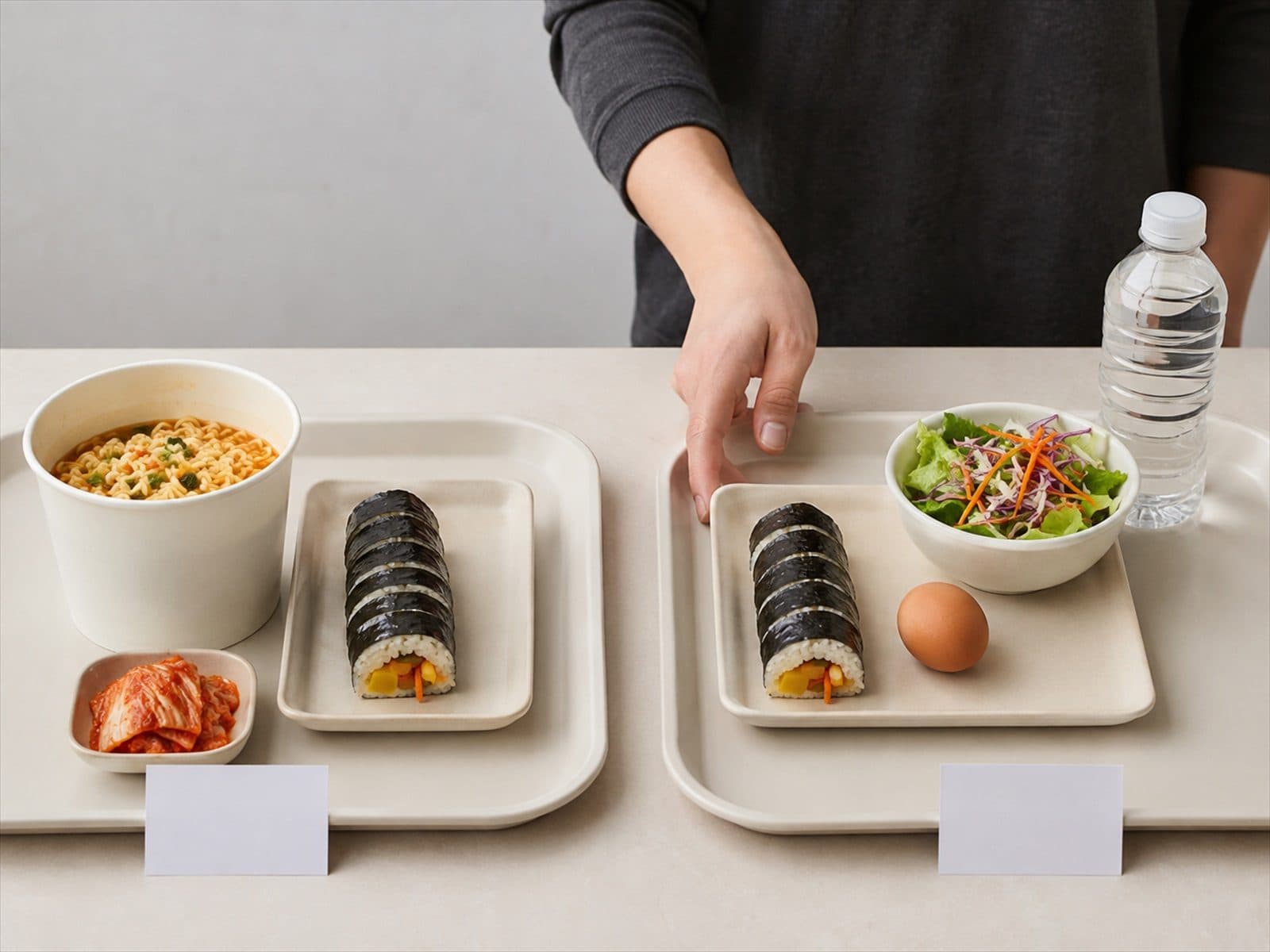 컵라면 김밥 김치 조합과 단백질 채소 물 조합을 비교한 모습