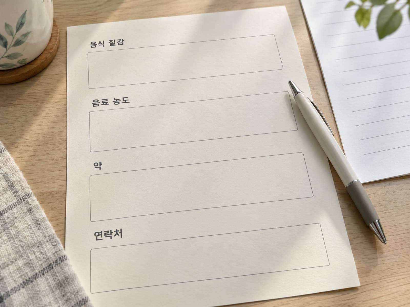 음식 질감과 음료 농도를 별도 칸에 적는 가정 준비표