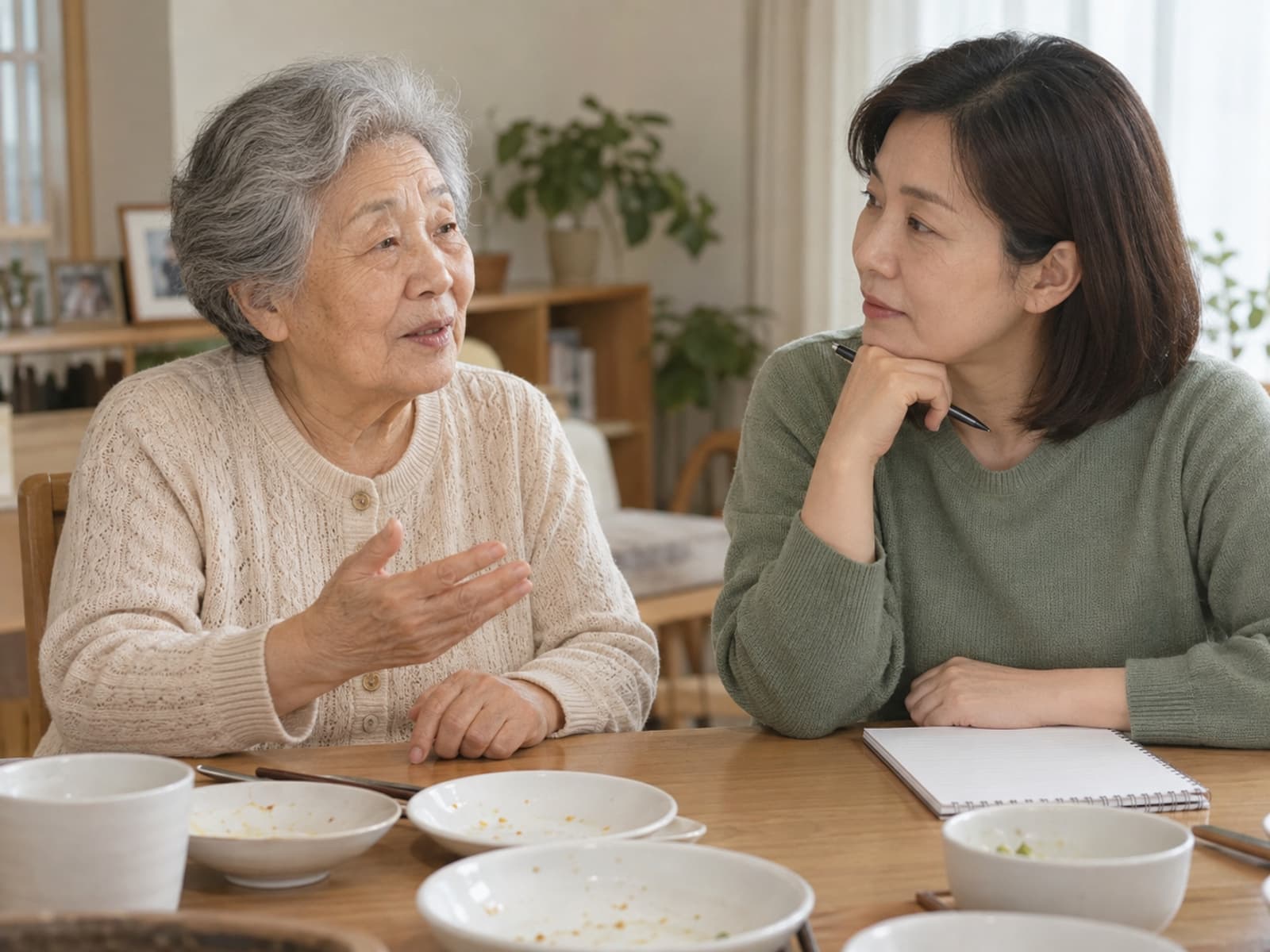 식사를 마친 뒤 삼킴 불편에 관해 대화하는 부모와 성인 자녀