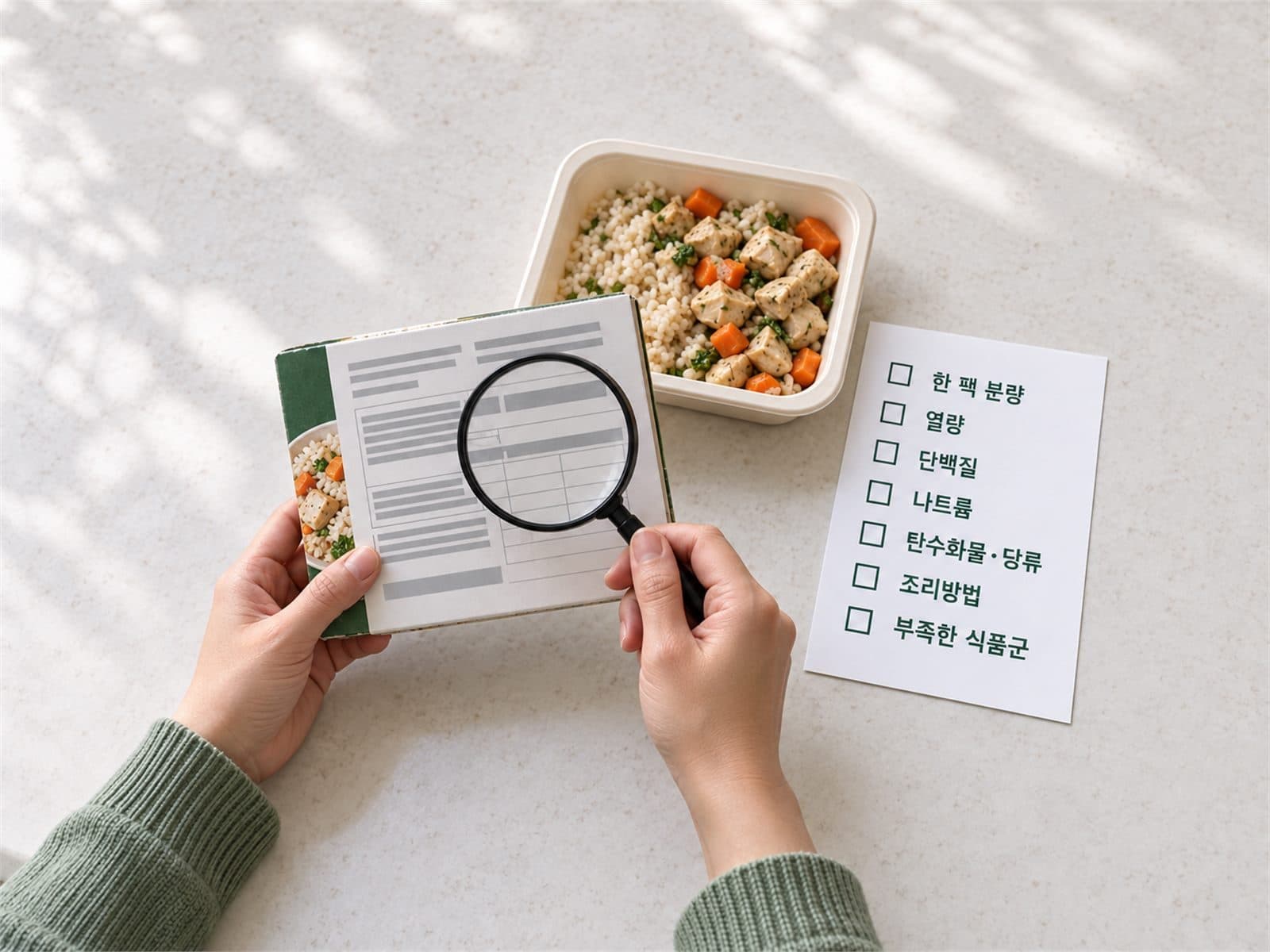 냉동도시락 제품의 영양정보 라벨을 확인하는 사진