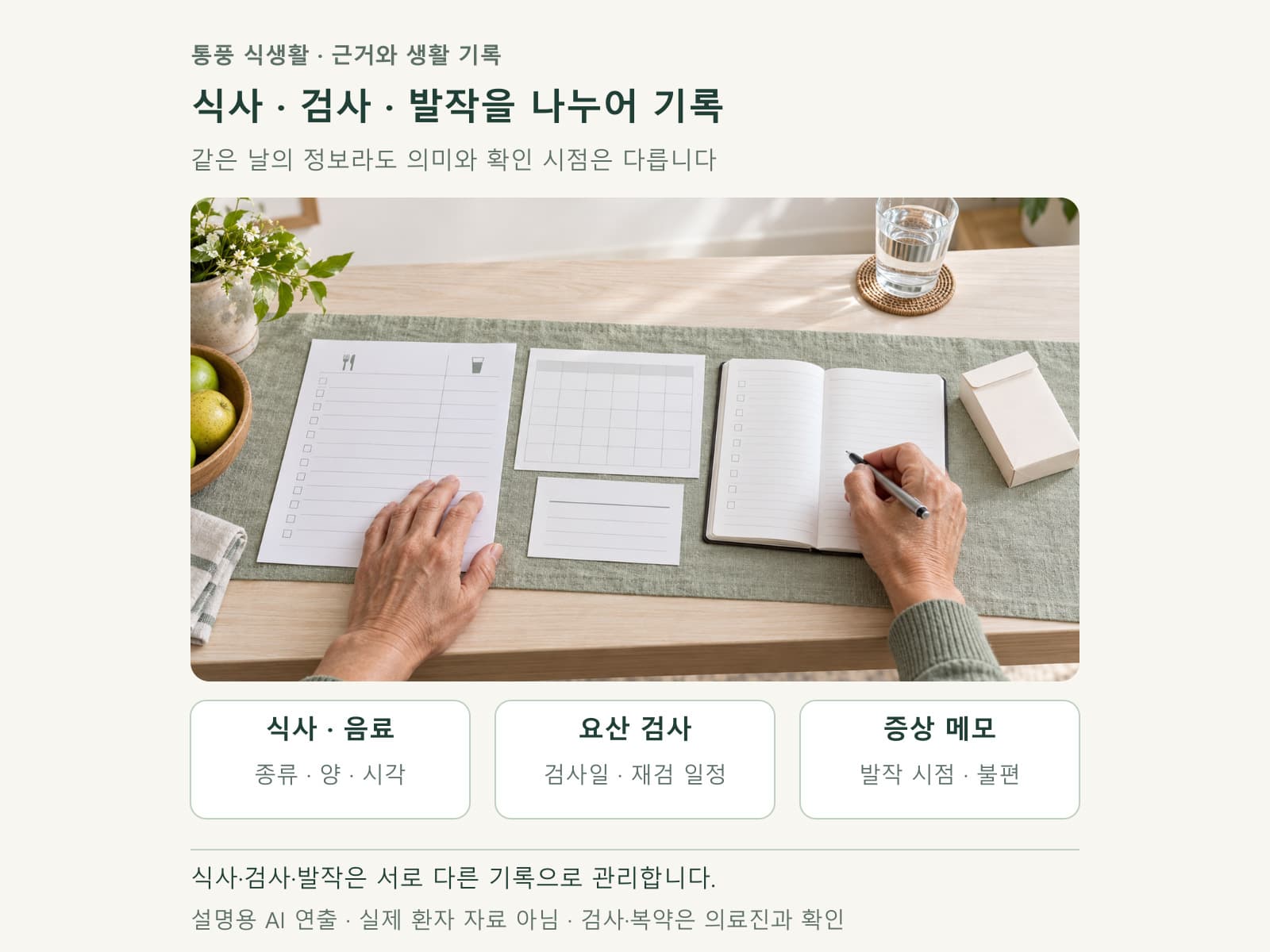 통풍 식사와 요산 검사 및 증상 기록을 구분한 서식