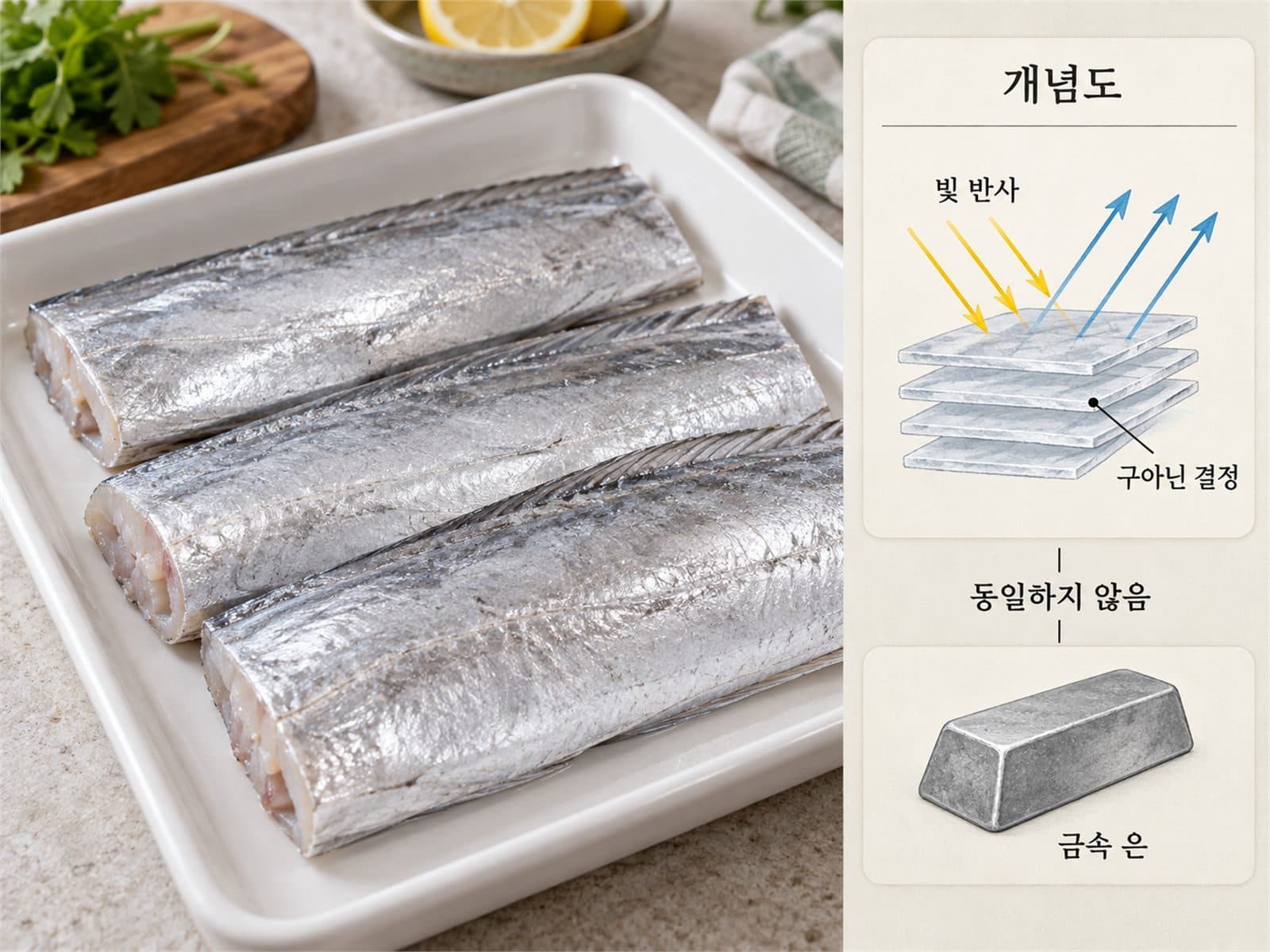 갈치의 은빛 표면을 클로즈업한 사진