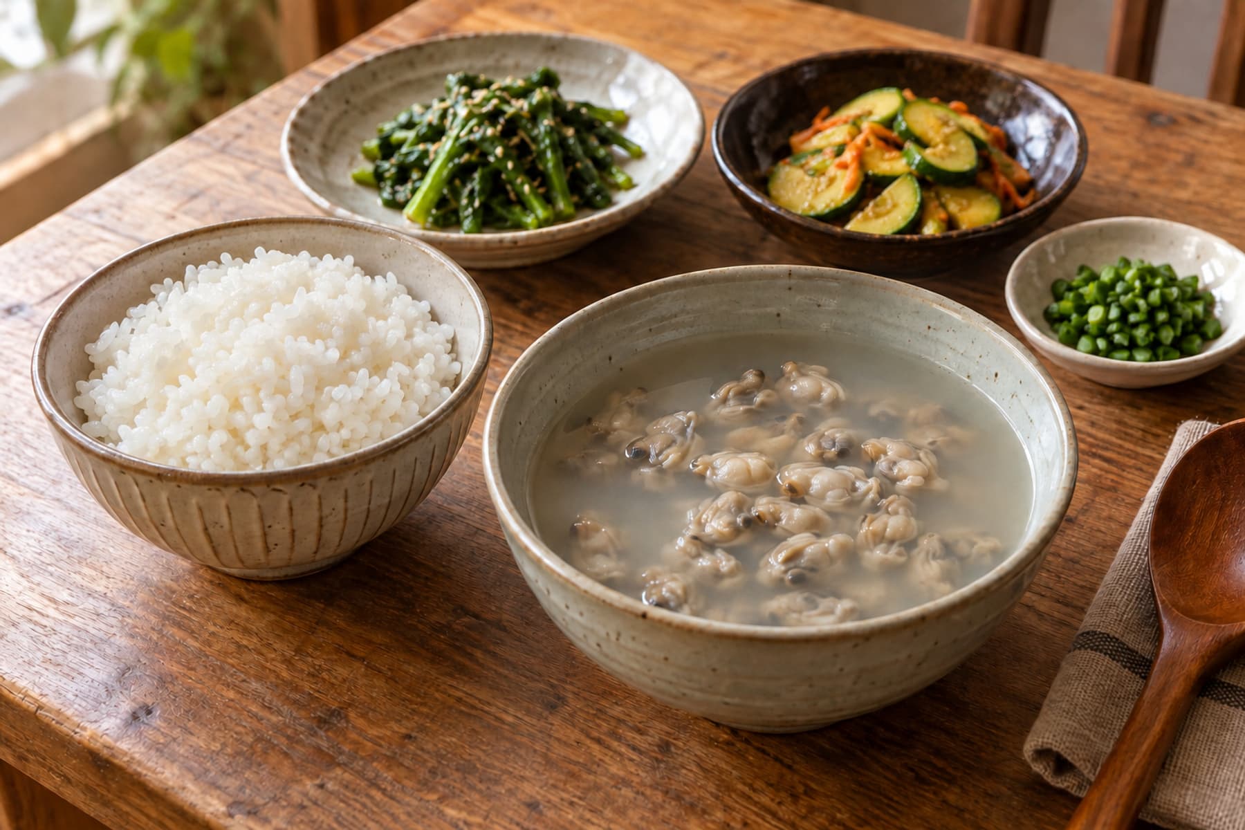 밥과반찬옆에놓인작은재첩국그릇.