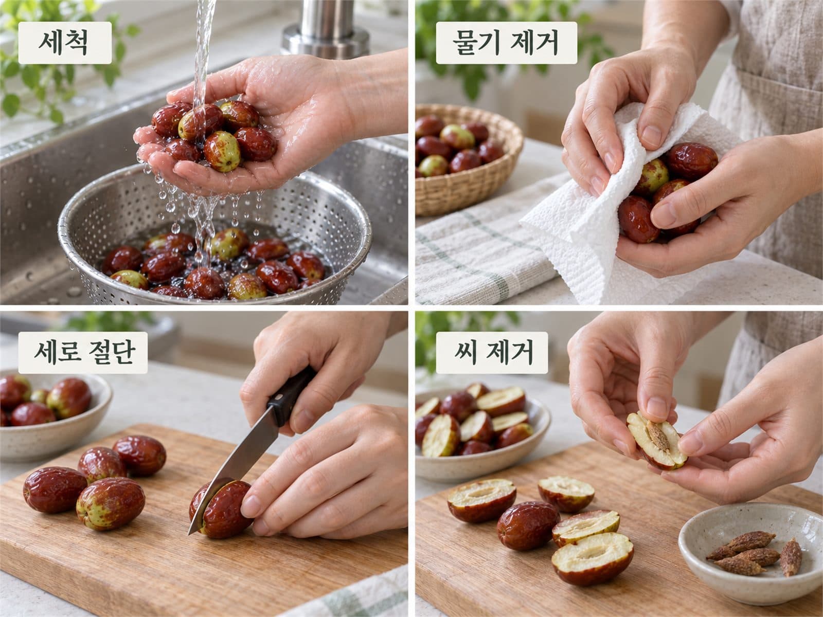 생대추를 흐르는 물에 씻고 씨를 제거하는 사진