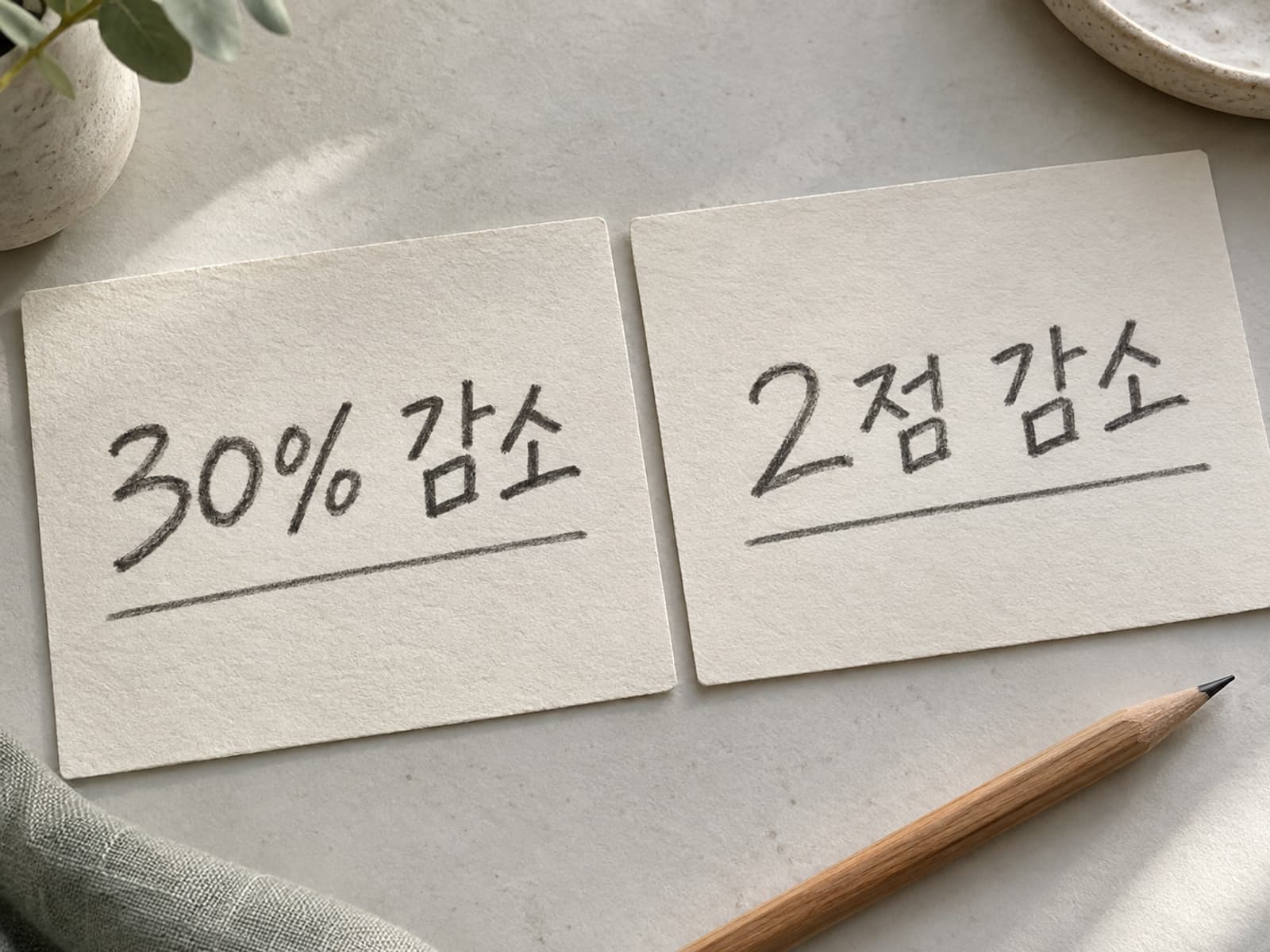 30퍼센트 감소와 2점 감소라는 평가 기준을 나란히 적은 설명 카드