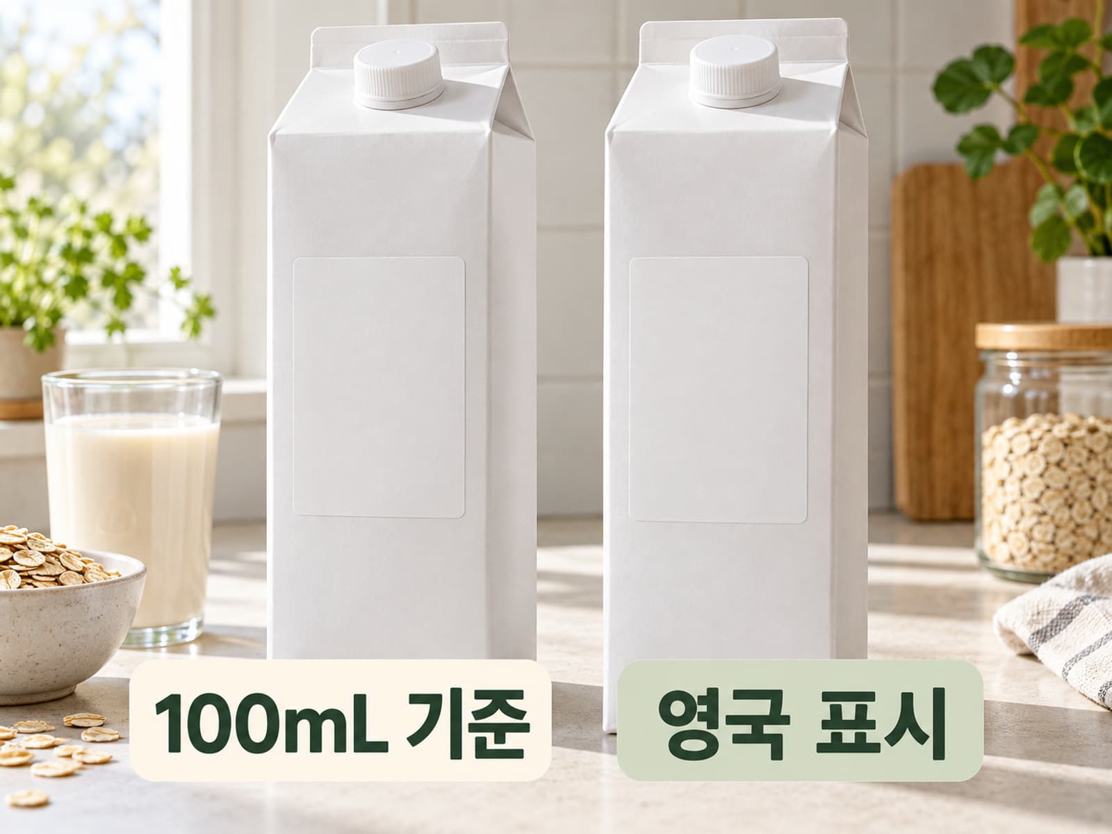 두 오트음료 원료팩의 100mL 기준 표시를 나란히 비교하는 카드