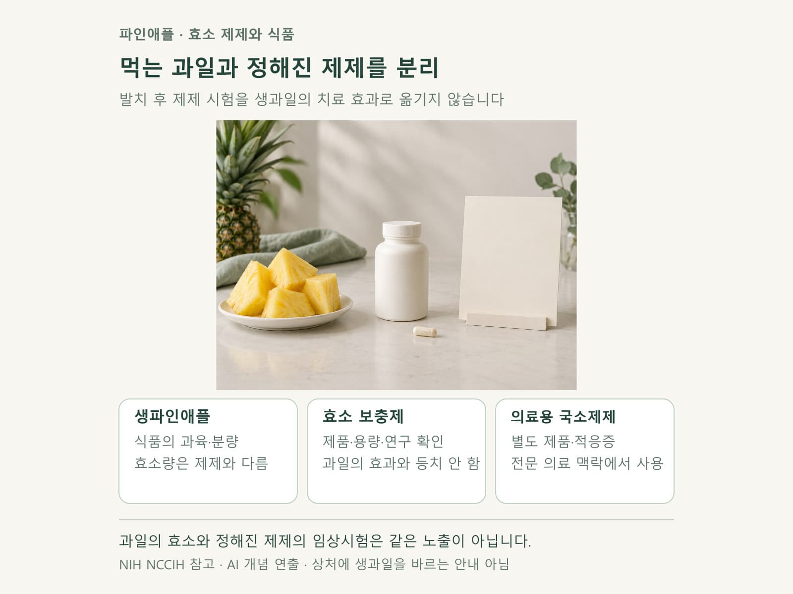파인애플 생과와 효소 보충제 및 의료용 제품을 구분한 카드
