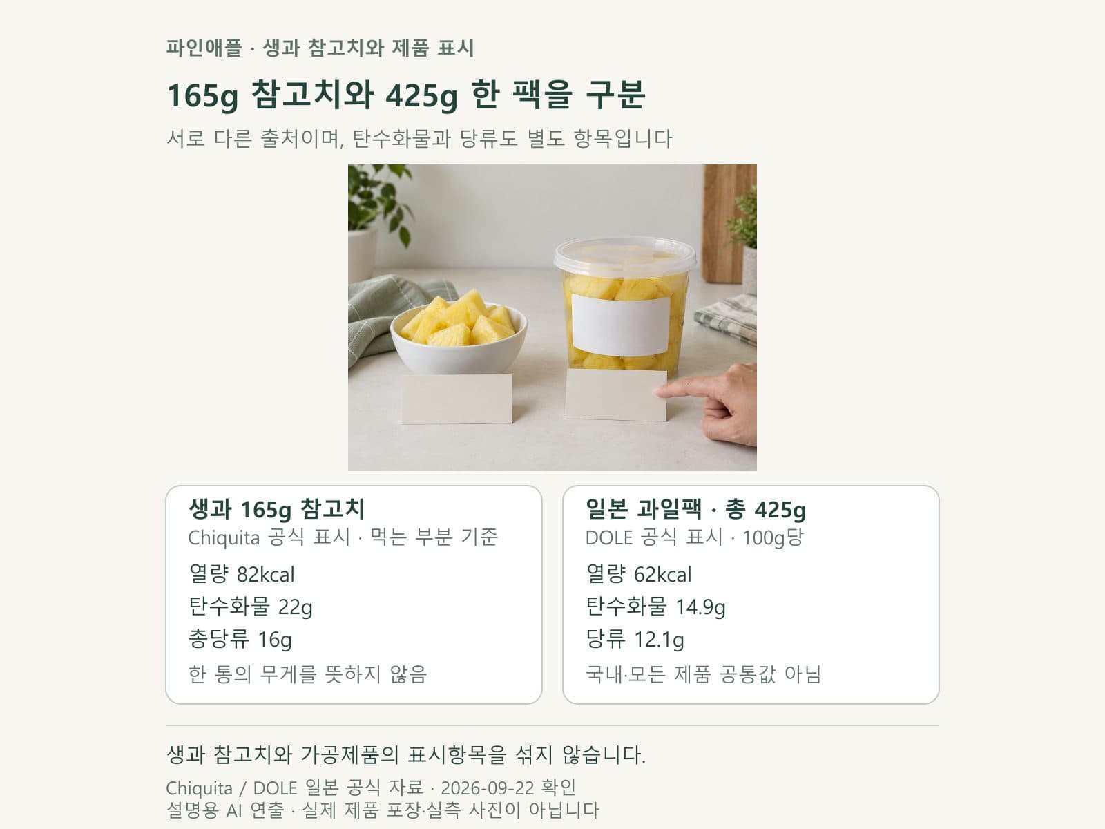 파인애플 생과와 과일팩의 기준 중량 및 영양항목 비교
