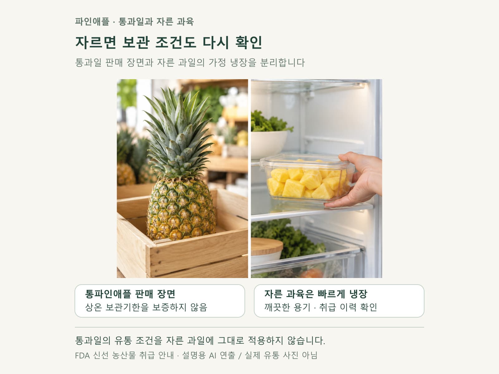 통파인애플과 자른 과육의 보관 상황을 나눈 장면