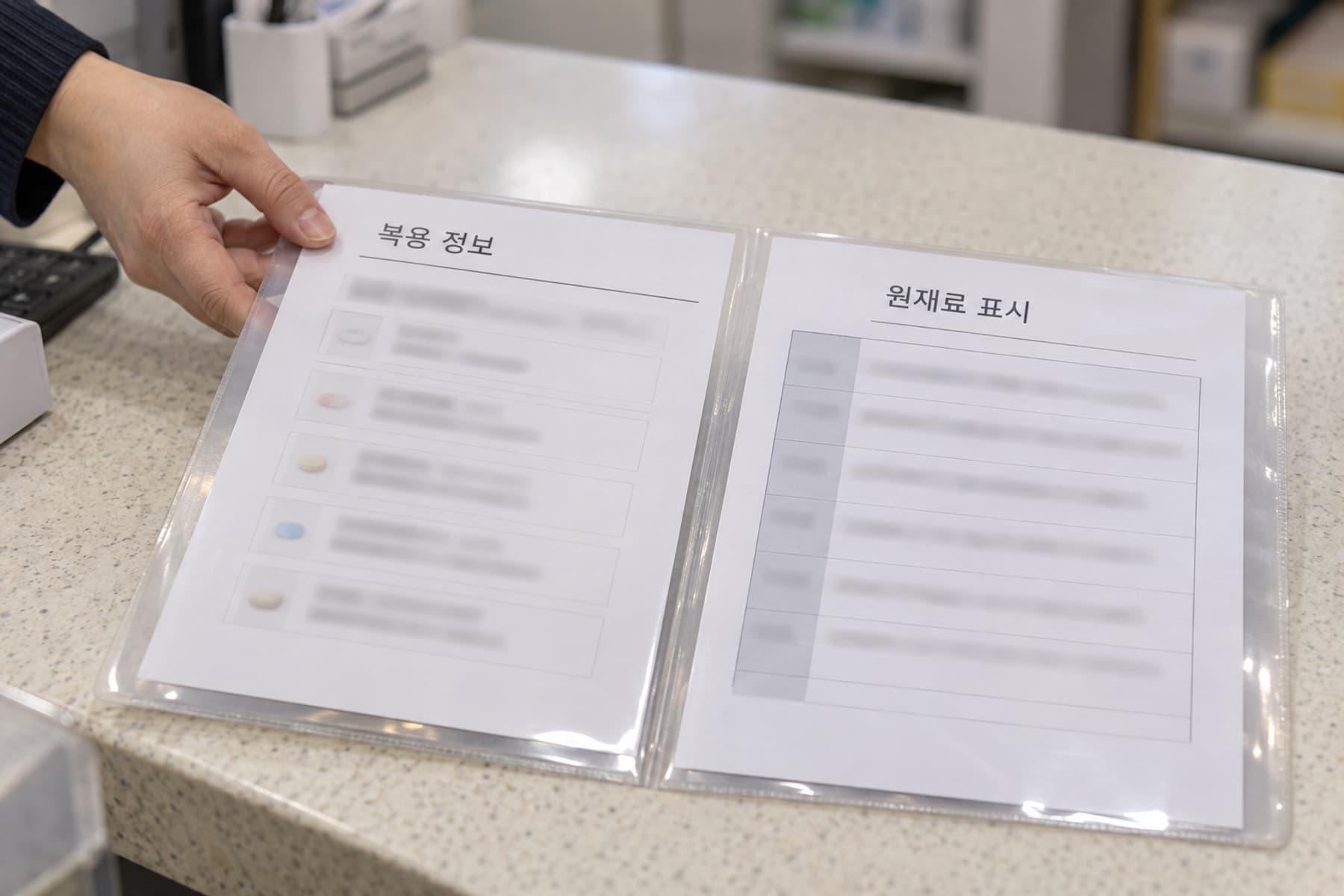 제품 표시와 복용 정보를 상담대 위에 나란히 놓는 손.