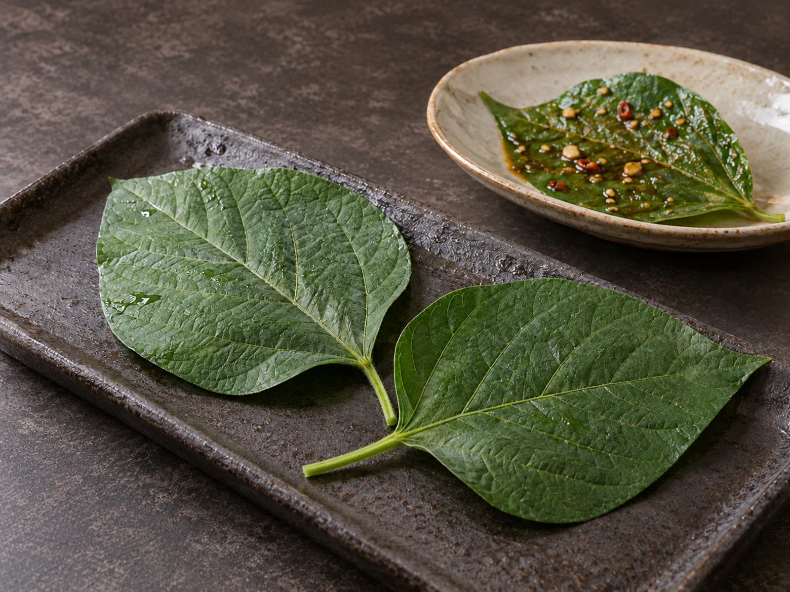 생콩잎이 놓인 준비 쟁반과 완성 콩잎 반찬 접시