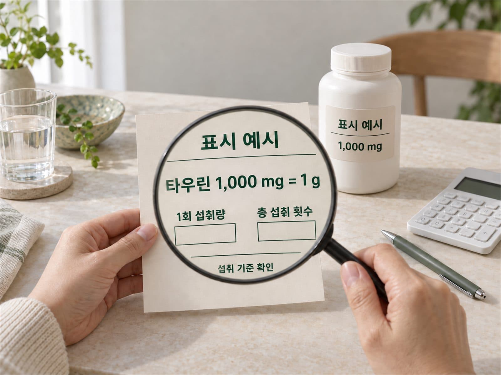 타우린 1,000mg이 표시된 보충제와 음료 라벨 사진