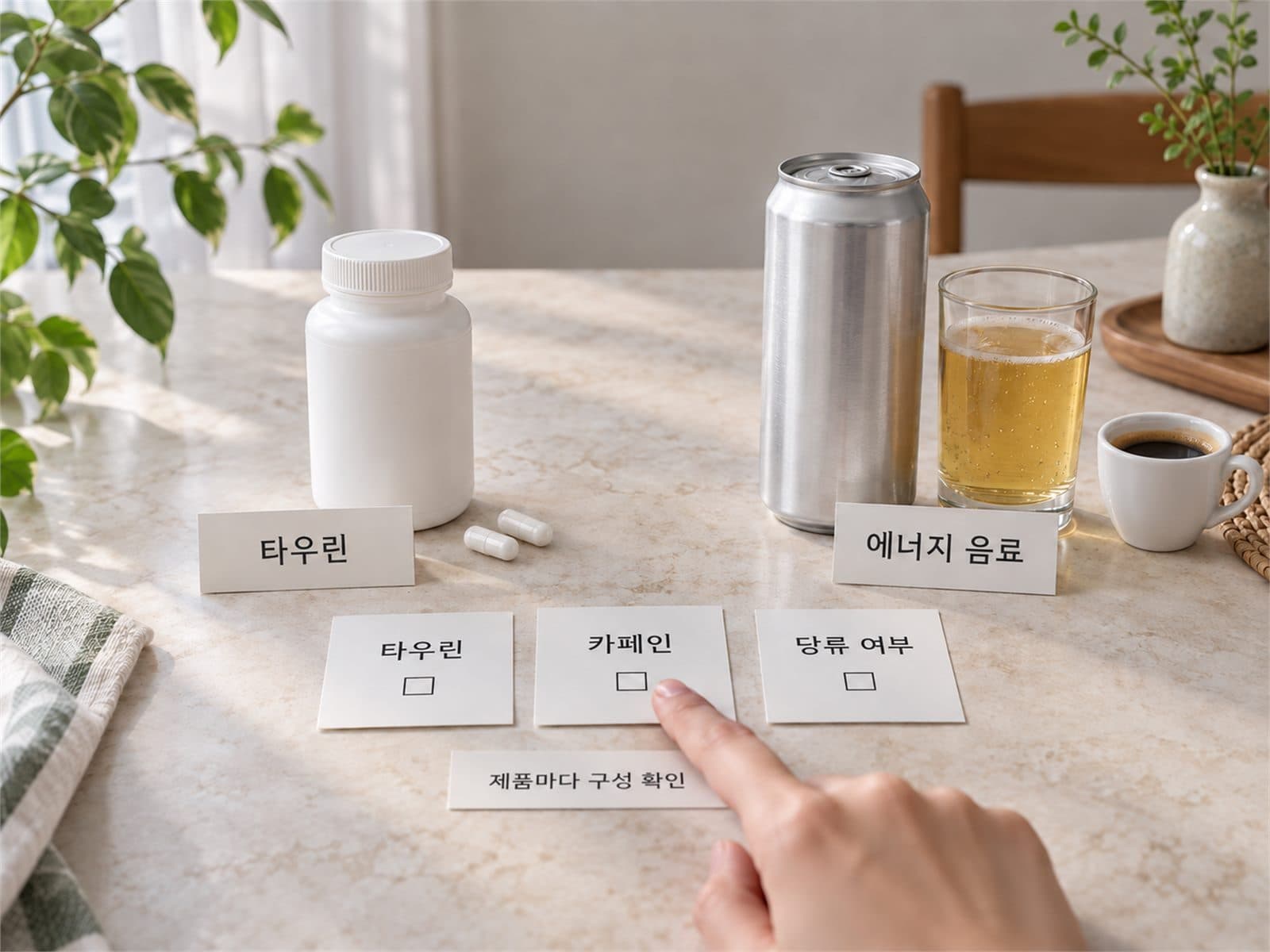 타우린 보충제와 카페인이 포함된 에너지음료를 비교한 사진