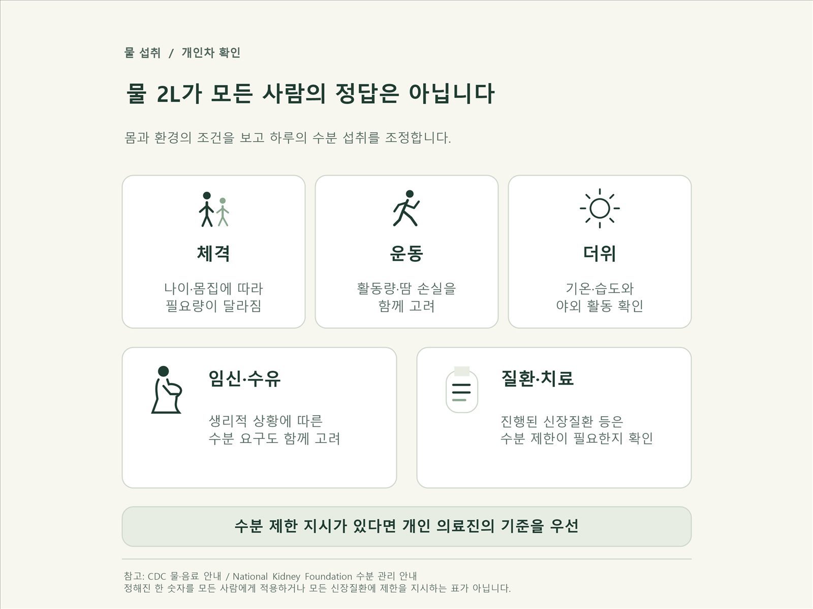 하루 물 2리터 개인차 운동 더위 질환
